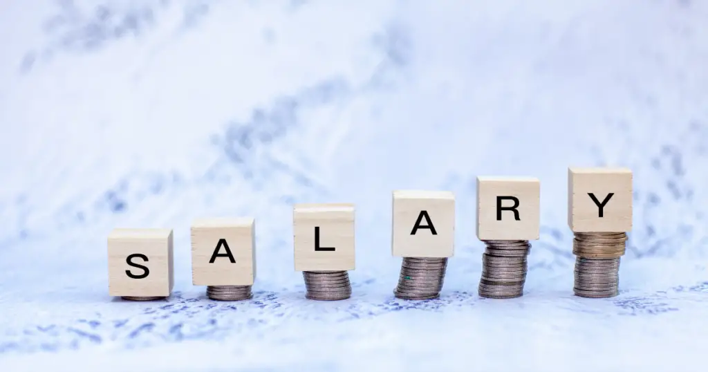 Blocks spelling out salary stacked on top of coins