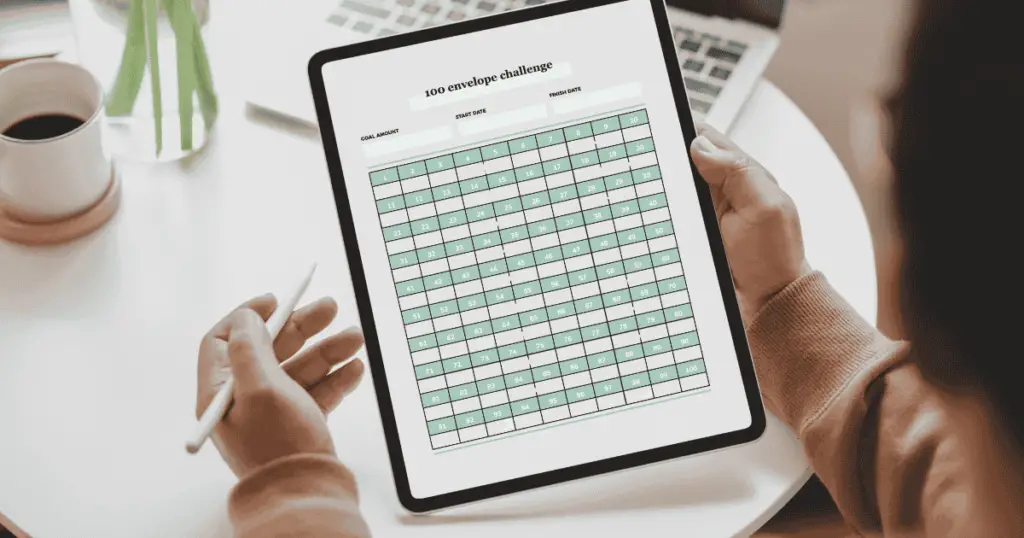 Calendar on a tablet that say 100 envelope challenge
