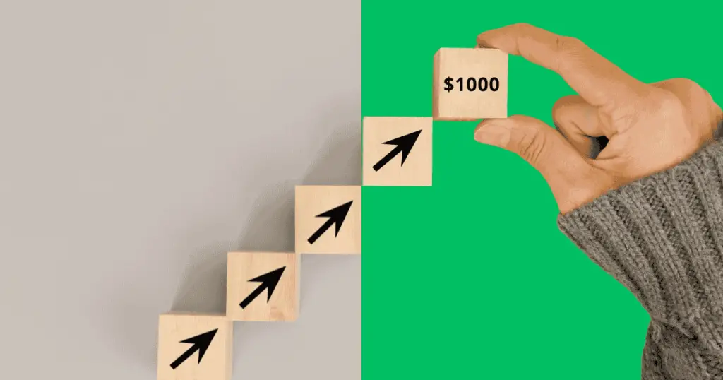 Blocks with arrows pointing up to one with $1,000 written on it held by a hand