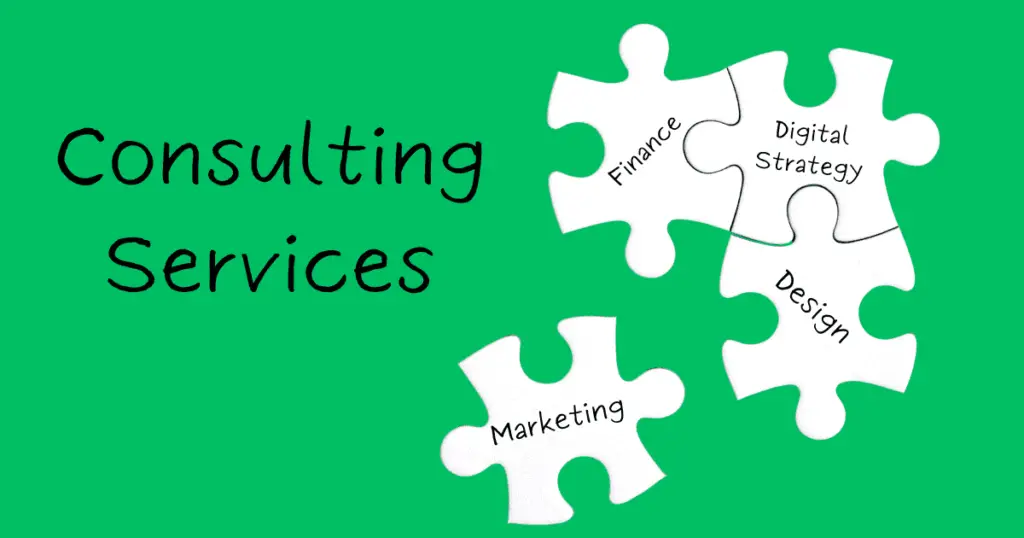 Consulting services on a green background with puzzle pieces