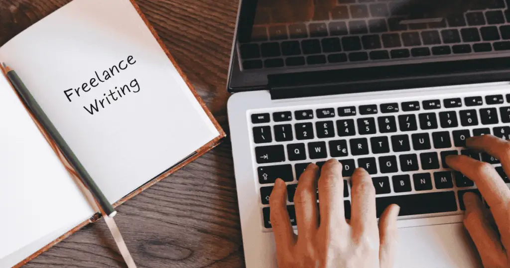 Typing on a Mac computer with Professional writing written in a notebook