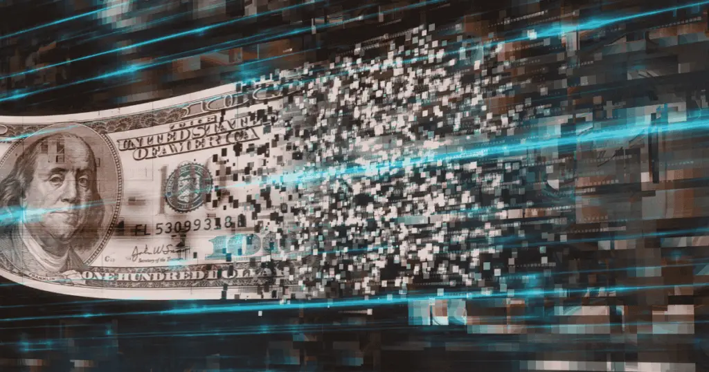 One hundred dollar bill that is fading into pixels